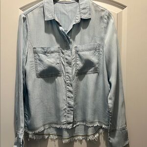Light Blue Frayed Hem Button-Up Shirt